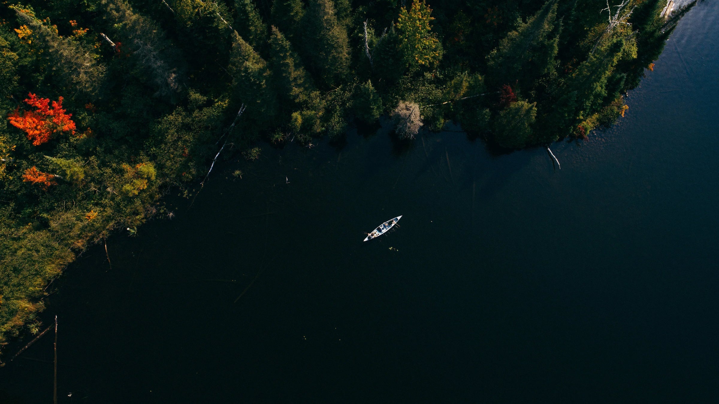 An overhead shot of a canoe paddling through a glassy lake in the fall. 