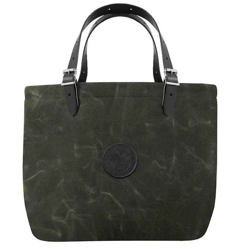 Market Tote in waxed olive drab canvas with adjustable leather handles, showcasing durable craftsmanship by Duluth Pack for rugged outdoor use.