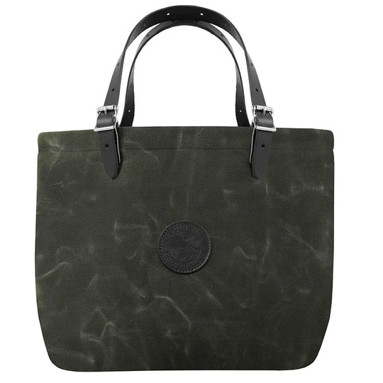 Market Tote in waxed olive drab canvas with adjustable leather handles, showcasing durable craftsmanship by Duluth Pack for rugged outdoor use.
