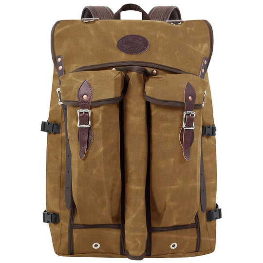 Bushcrafter rugged 15-ounce waxed canvas backpack with leather straps, designed for durable outdoor use by Duluth Pack.