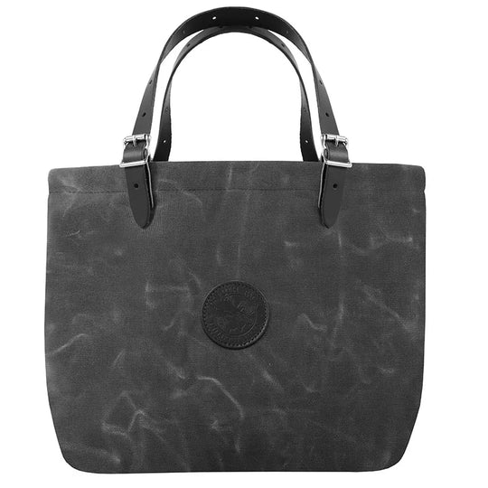 Market Tote in waxed grey with adjustable leather handles, handmade canvas bag designed by Duluth Pack for rugged outdoor use and lasting durability.