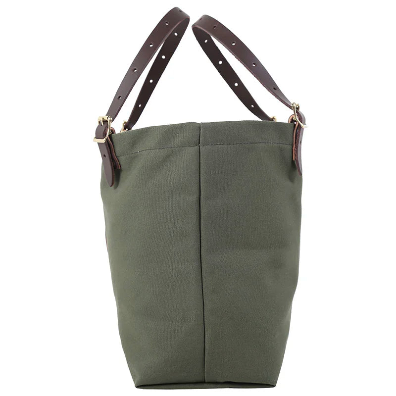Market Tote in Olive Drab with adjustable premium leather handles, made of rugged 15oz canvas for long-lasting outdoor use and durability.