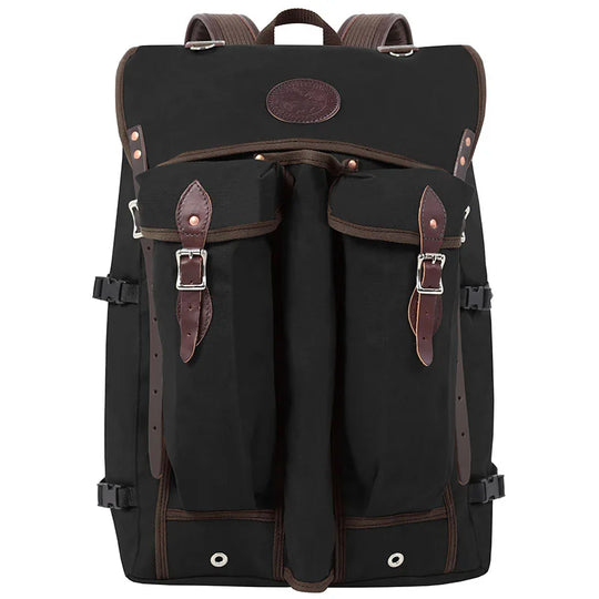 Bushcrafter black rugged canvas and leather backpack by Duluth Pack designed for durable outdoor use and bushcraft adventures.