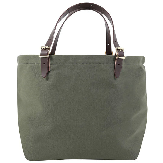 Market Tote in Olive Drab with adjustable leather handles featuring roller buckles, crafted by Duluth Pack for durable outdoor use and long-lasting performance.