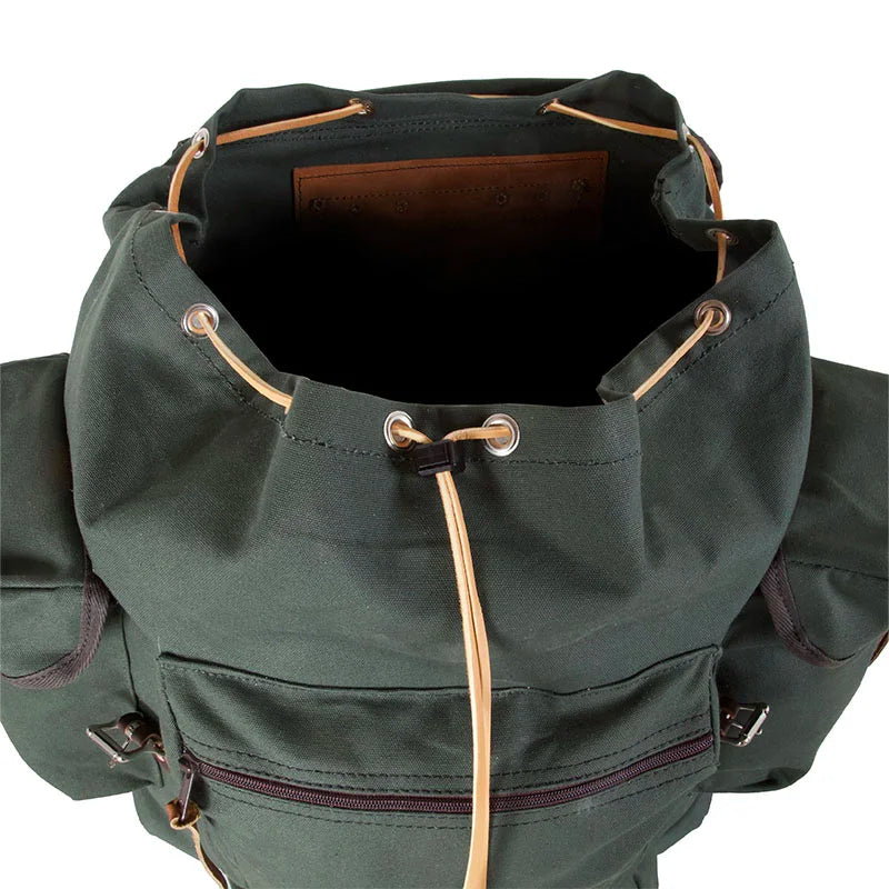 Rambler backpack in Olive Drab with durable canvas construction and leather drawstring, designed by Duluth Pack for rugged outdoor use and weekend adventures.