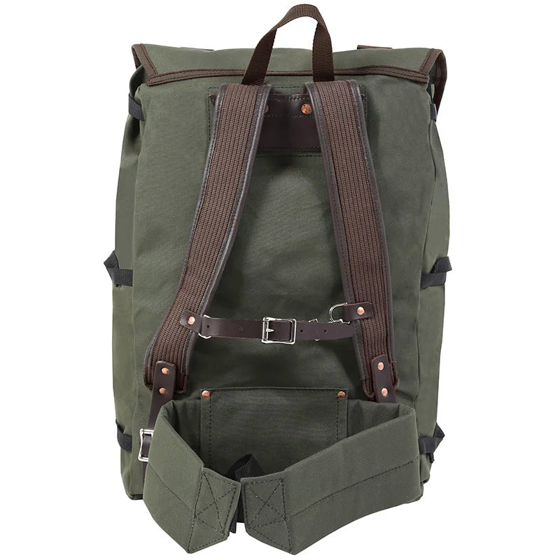 Bushcrafter backpack in rugged olive green canvas with brown leather straps, designed by Duluth Pack for durable outdoor adventures.