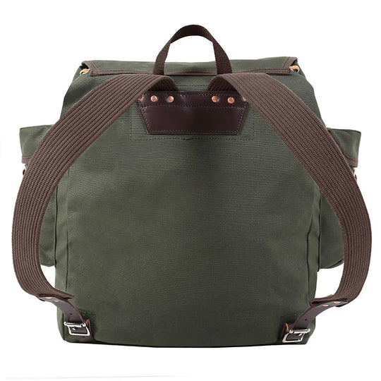 Rambler backpack in Olive Drab with tough canvas construction and leather accents, perfect for outdoor adventures and rugged day trips by Duluth Pack.