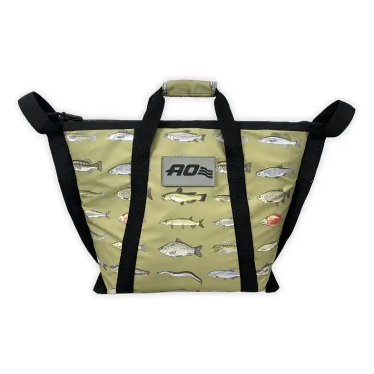 AO Coolers Insulated Fish Bag Cooler 2 Foot In Green With Multi Species Fish Pattern On White Background