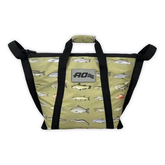 AO Coolers Insulated Fish Bag Cooler 2 Foot In Green With Multi Species Fish Pattern On White Background