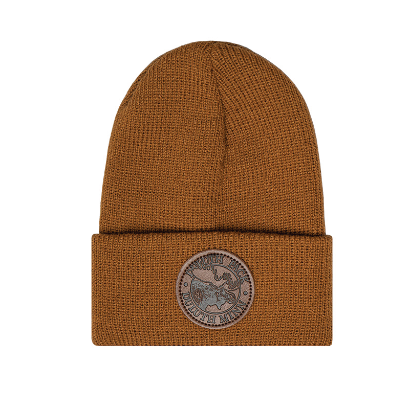 Brown infant logo beanie on a white background