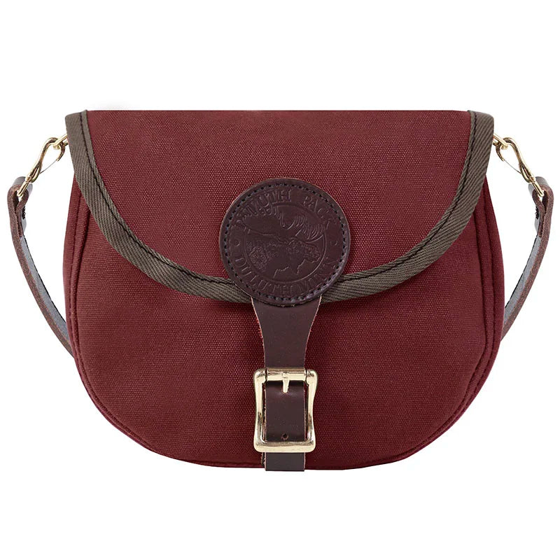 Small Shell Purse in burgundy canvas with brown leather strap and brass buckle, crafted by Duluth Pack for rugged outdoor use and durable style.
