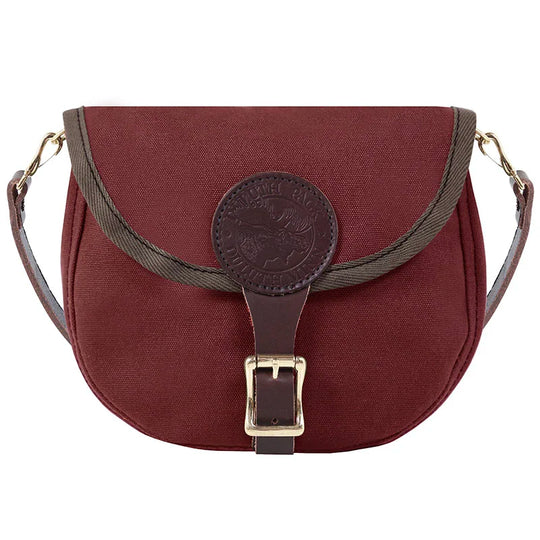 Small Shell Purse in burgundy canvas with brown leather strap and brass buckle, crafted by Duluth Pack for rugged outdoor use and durable style.