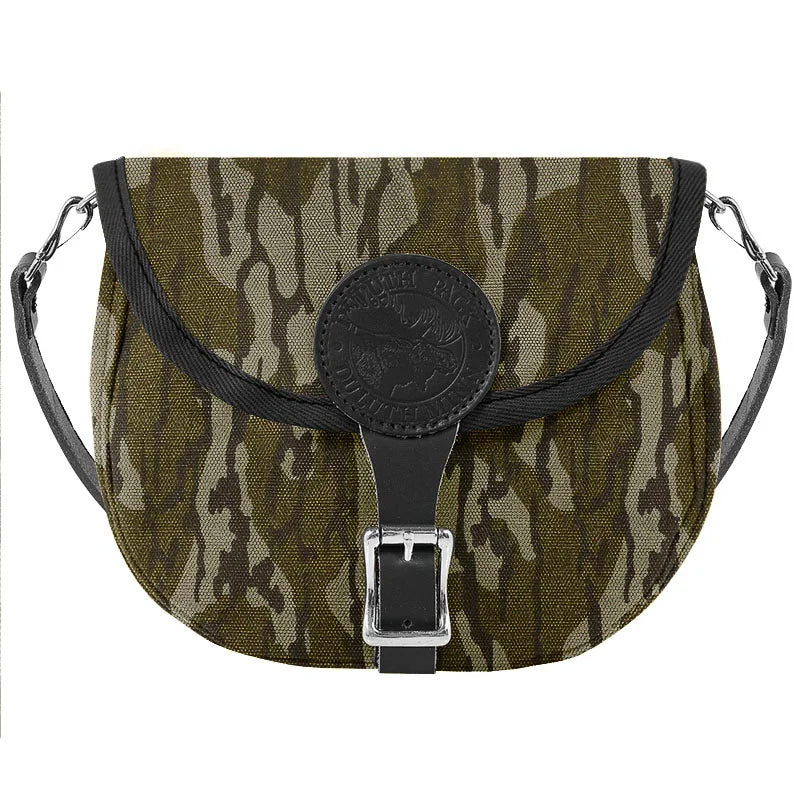 Small Shell Purse in Mossy Oak Bottomland Camo with adjustable leather strap, made from rugged canvas by Duluth Pack, perfect for durable outdoor use.