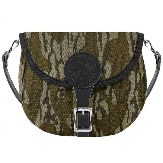 Small Shell Purse in Mossy Oak Bottomland Camo with adjustable leather strap, made from rugged canvas by Duluth Pack, perfect for durable outdoor use.