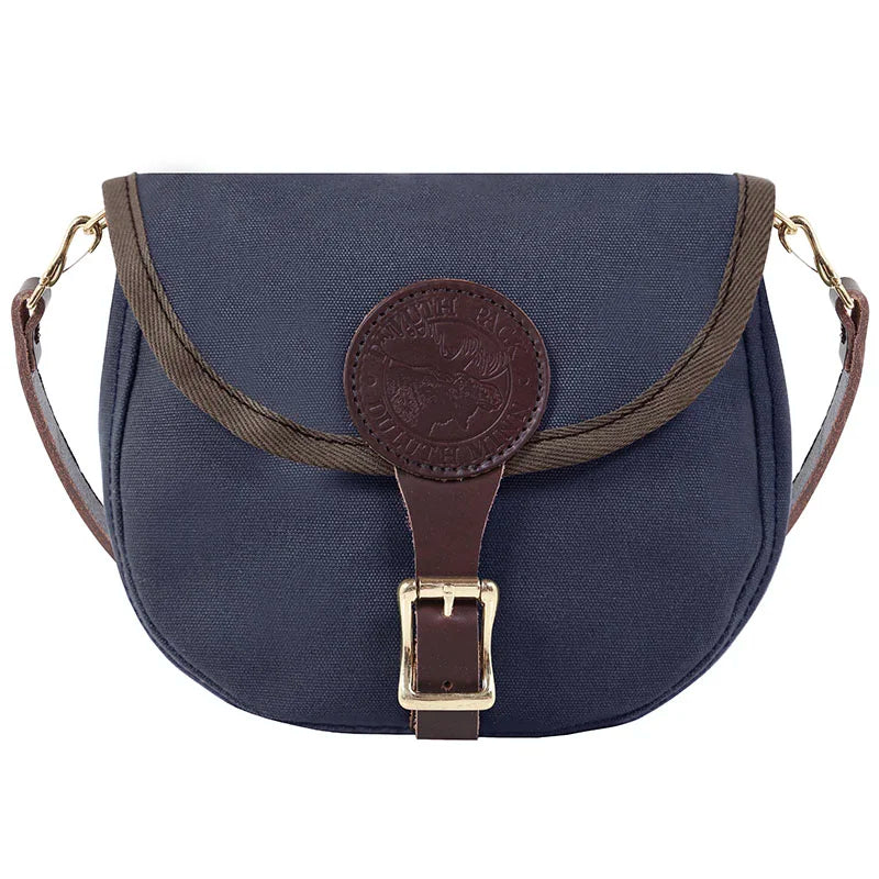 Small Shell Purse in navy rugged 15-ounce canvas with adjustable premium leather strap, crafted by Duluth Pack for durable outdoor use and classic heritage style.