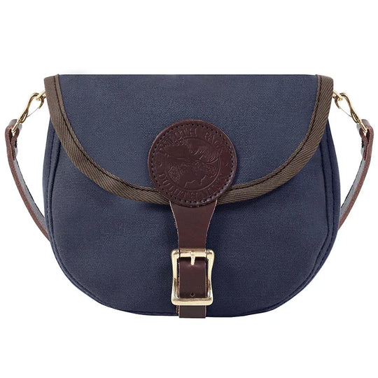 Small Shell Purse in navy rugged 15-ounce canvas with adjustable premium leather strap, crafted by Duluth Pack for durable outdoor use and classic heritage style.