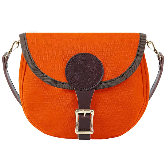 Small Shell Purse in vibrant orange with premium leather strap and buckle, rugged canvas designed by Duluth Pack for durable outdoor use and everyday carry.