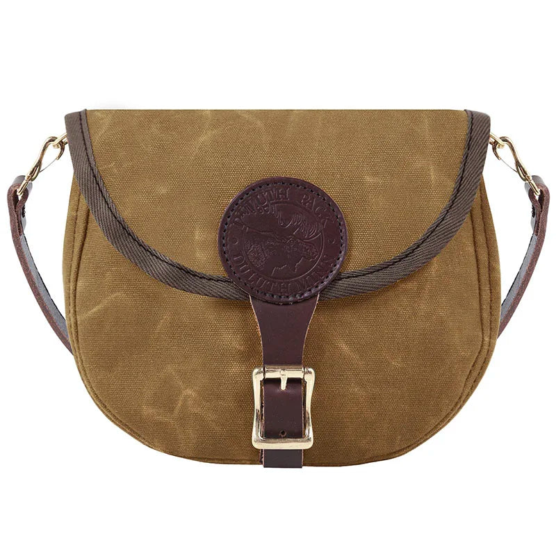Small Shell Purse in waxed khaki canvas with premium leather strap and buckle, designed for rugged outdoor use and durable everyday wear by Duluth Pack.