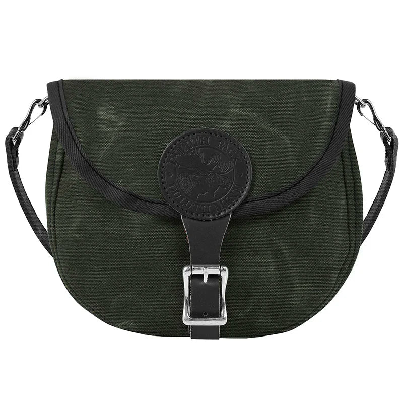 Small Shell Purse in waxed olive drab with rugged canvas and adjustable leather strap, ideal for durable everyday outdoor use by Duluth Pack.