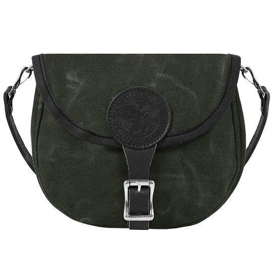 Small Shell Purse in waxed olive drab with rugged canvas and adjustable leather strap, ideal for durable everyday outdoor use by Duluth Pack.
