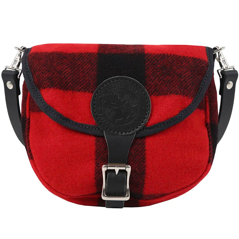 Classic Wool Small Shell Purse in red and black wool plaid with leather strap and buckle, showcasing rugged outdoor heritage craftsmanship.