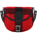 Classic Wool Small Shell Purse in red and black wool plaid with leather strap and buckle, showcasing rugged outdoor heritage craftsmanship.