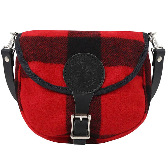Classic Wool Small Shell Purse in red and black wool plaid with leather strap and buckle, showcasing rugged outdoor heritage craftsmanship.