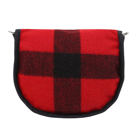 Classic Wool Small Shell Purse in red and black wool plaid with black trim, showcasing a handmade, heritage-inspired durable design for outdoor use.