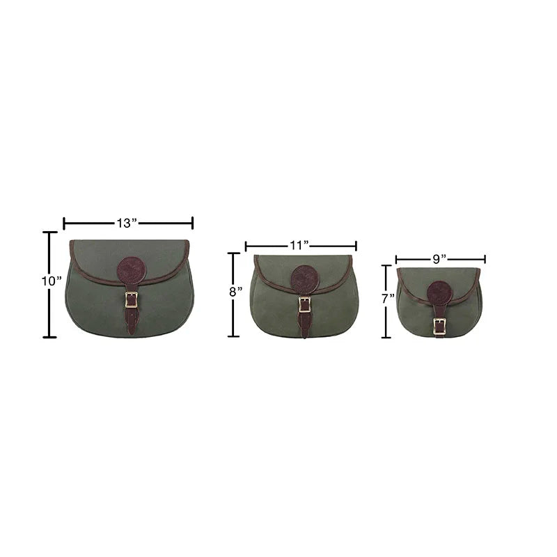 Small Shell Purse in olive drab with premium leather accents by Duluth Pack, shown in three sizes highlighting durable canvas craftsmanship for outdoor use.