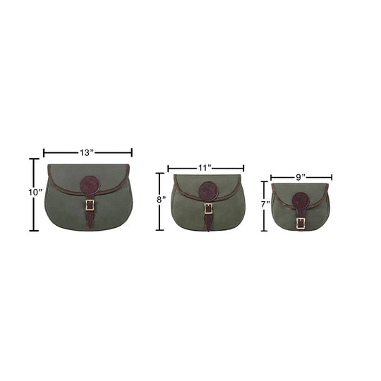 Small Shell Purse in olive drab with premium leather accents by Duluth Pack, shown in three sizes highlighting durable canvas craftsmanship for outdoor use.