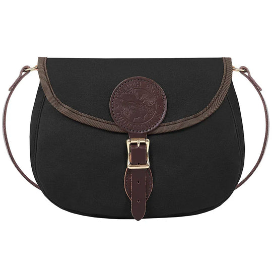 Medium Shell Purse in black canvas with antique brass hardware and leather accents, crafted by Duluth Pack for durable outdoor use with heritage quality.