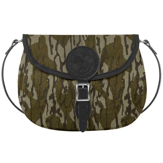 Medium Shell Purse in Mossy Oak Bottomland Camo with handmade canvas and leather details, crafted by Duluth Pack for durable outdoor use and rugged style.