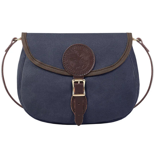 Medium Shell Purse in navy with brass hardware, featuring durable canvas and leather accents by Duluth Pack, crafted for outdoor use and heritage quality.