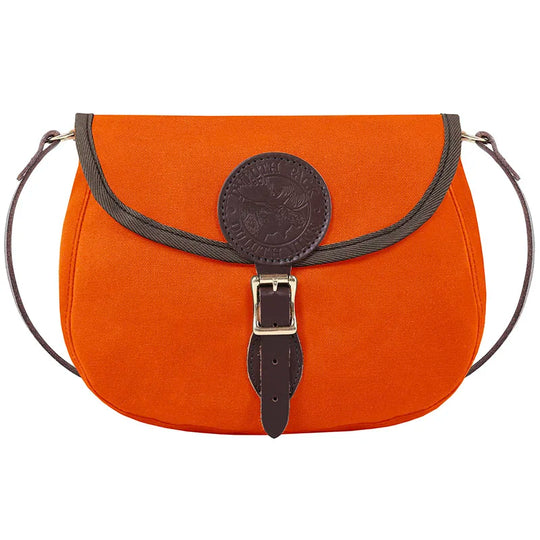 Medium Shell Purse in vibrant orange with antique brass hardware, crafted from durable canvas and leather by Duluth Pack, perfect for rugged outdoor use.