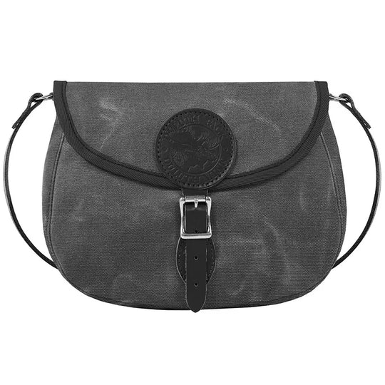 Medium Shell Purse in waxed grey canvas with black leather accents, featuring durable craftsmanship from Duluth Pack for rugged outdoor use.