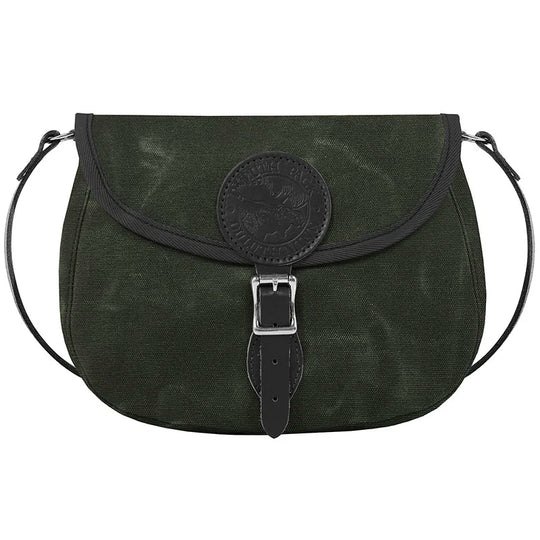 Medium Shell Purse in Olive Drab with black leather accents by Duluth Pack, handcrafted from durable canvas for rugged outdoor use and timeless heritage style.