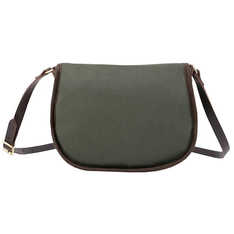 Medium Shell Purse in Olive Drab with leather strap, handmade canvas and antique brass hardware by Duluth Pack, designed for durable outdoor use.
