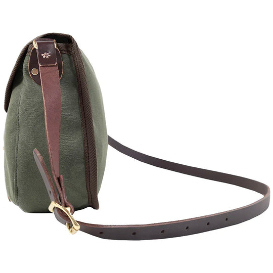 Medium Shell Purse in Olive Drab with leather strap, handmade canvas and leather construction by Duluth Pack, designed for durable outdoor use.