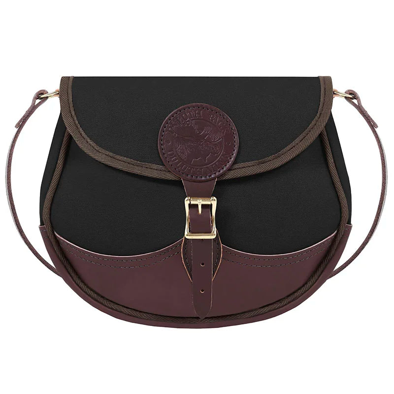 Deluxe Medium Shell Purse in black with burgundy leather accents by Duluth Pack, featuring an adjustable leather strap and designed for rugged outdoor use.