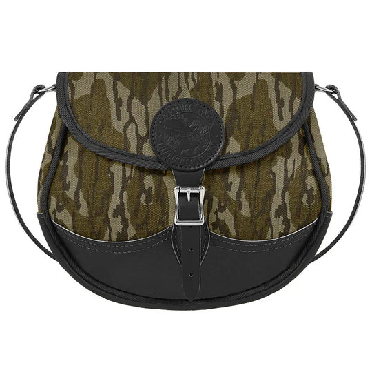 Deluxe Medium Shell Purse in Mossy Oak Bottomland Camo with premium leather accents, showcasing rugged outdoor style and craftsmanship by Duluth Pack.