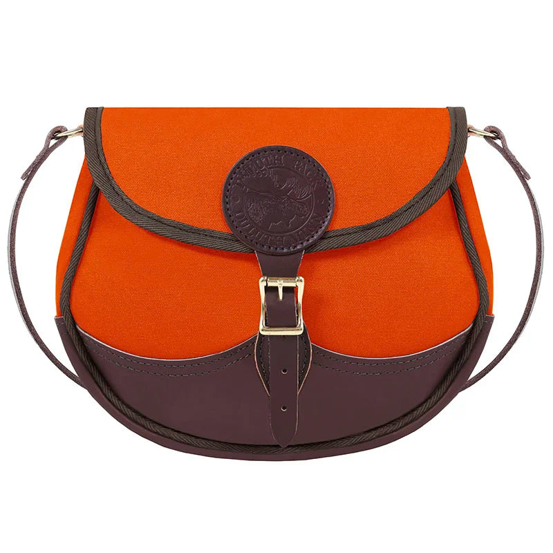 Deluxe Medium Shell Purse in vibrant orange canvas with premium brown leather accents and adjustable strap, crafted for durable outdoor use by Duluth Pack.