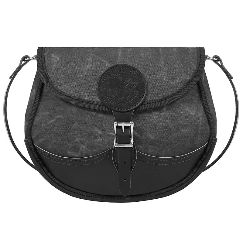 Deluxe Medium Shell Purse in waxed grey canvas and black leather with adjustable shoulder strap, designed for durable, stylish everyday outdoor use.