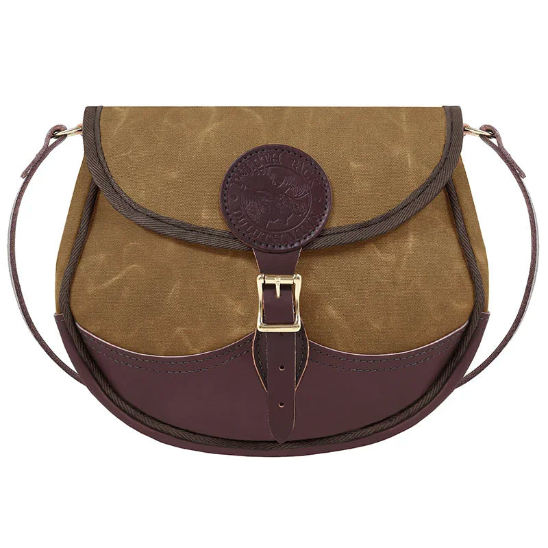 Deluxe Medium Shell Purse in waxed khaki canvas with premium leather trim and adjustable strap, showcasing durable craftsmanship for outdoor use by Duluth Pack.
