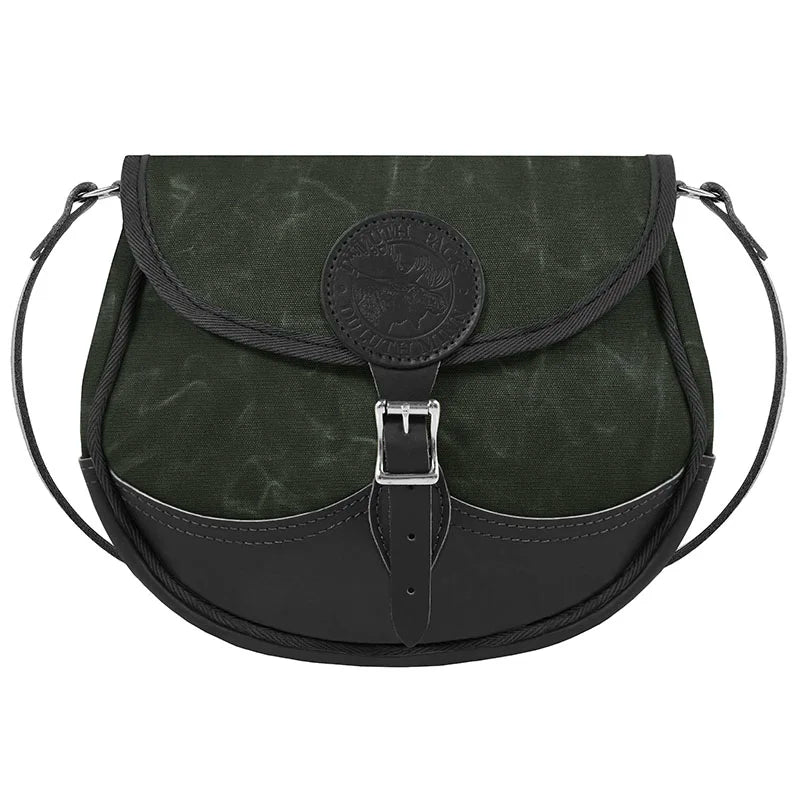 Deluxe Medium Shell Purse in waxed olive drab with premium leather details, handmade by Duluth Pack, designed for durable outdoor use and rugged style.