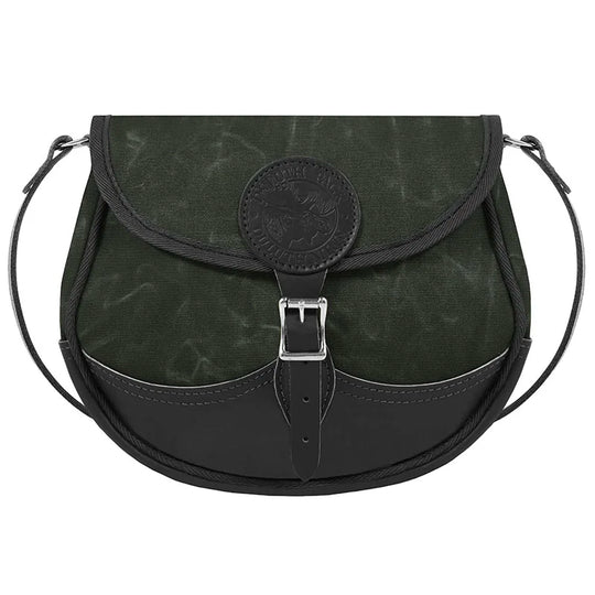 Deluxe Medium Shell Purse in waxed olive drab with premium leather details, handmade by Duluth Pack, designed for durable outdoor use and rugged style.