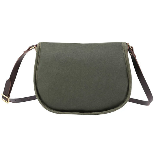 Deluxe Medium Shell Purse in olive drab with adjustable premium leather shoulder strap, showcasing handcrafted canvas and leather for rugged outdoor use.