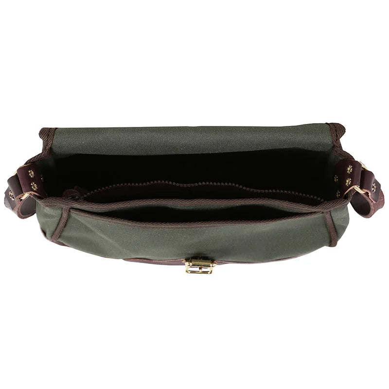 Deluxe Medium Shell Purse in Olive Drab canvas and leather with adjustable strap and organized interior, crafted by Duluth Pack for rugged outdoor use.