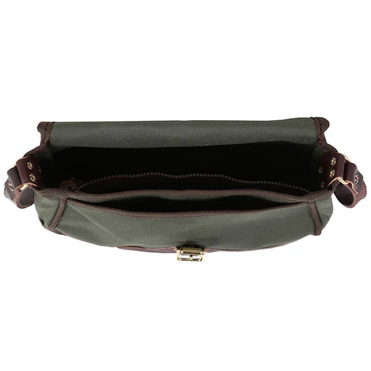 Deluxe Medium Shell Purse in Olive Drab canvas and leather with adjustable strap and organized interior, crafted by Duluth Pack for rugged outdoor use.