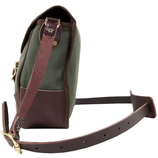 Deluxe Medium Shell Purse in olive drab with premium leather strap, showcasing rugged craftsmanship and durable outdoor design by Duluth Pack.