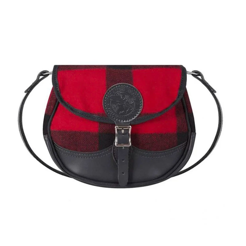 Deluxe Medium Classic Wool Shell Purse with timeless red and black wool exterior and premium leather strap, designed for durable outdoor use and rugged adventures.
